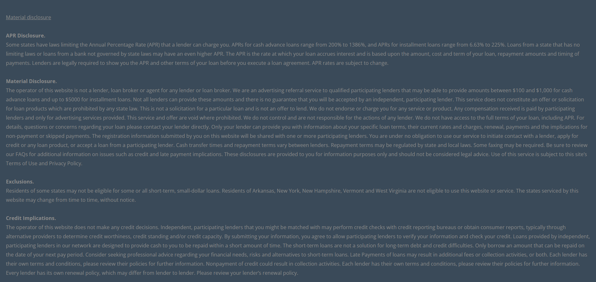 Material disclosure for payday loans in Longview Texas